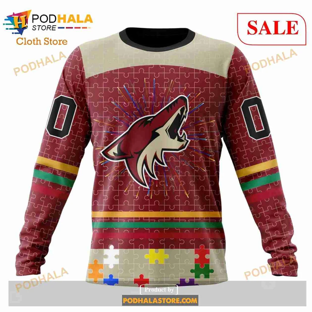 Arizona Coyotes Autism Awareness Hoodie With Fierce Coyote Design - View 3 Arizona Coyotes Autism Awareness Hoodie With Fierce Coyote Design - View 3