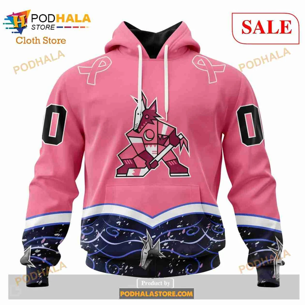 Arizona Coyotes Hockey Fights Cancer Hoodie With Stylized Player Graphic
