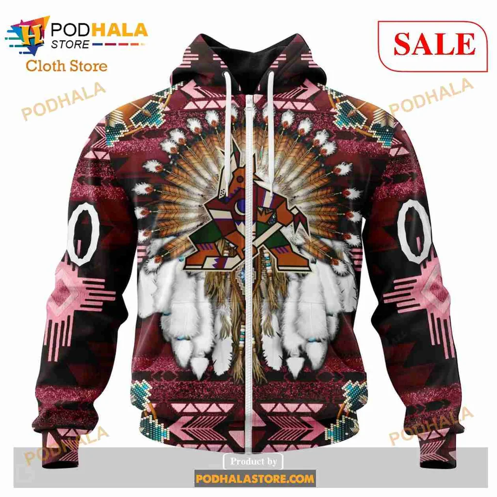 Arizona Coyotes Native American Hoodie With Tribal Design And Coyote Figure - View 1 Arizona Coyotes Native American Hoodie With Tribal Design And Coyote Figure - View 1