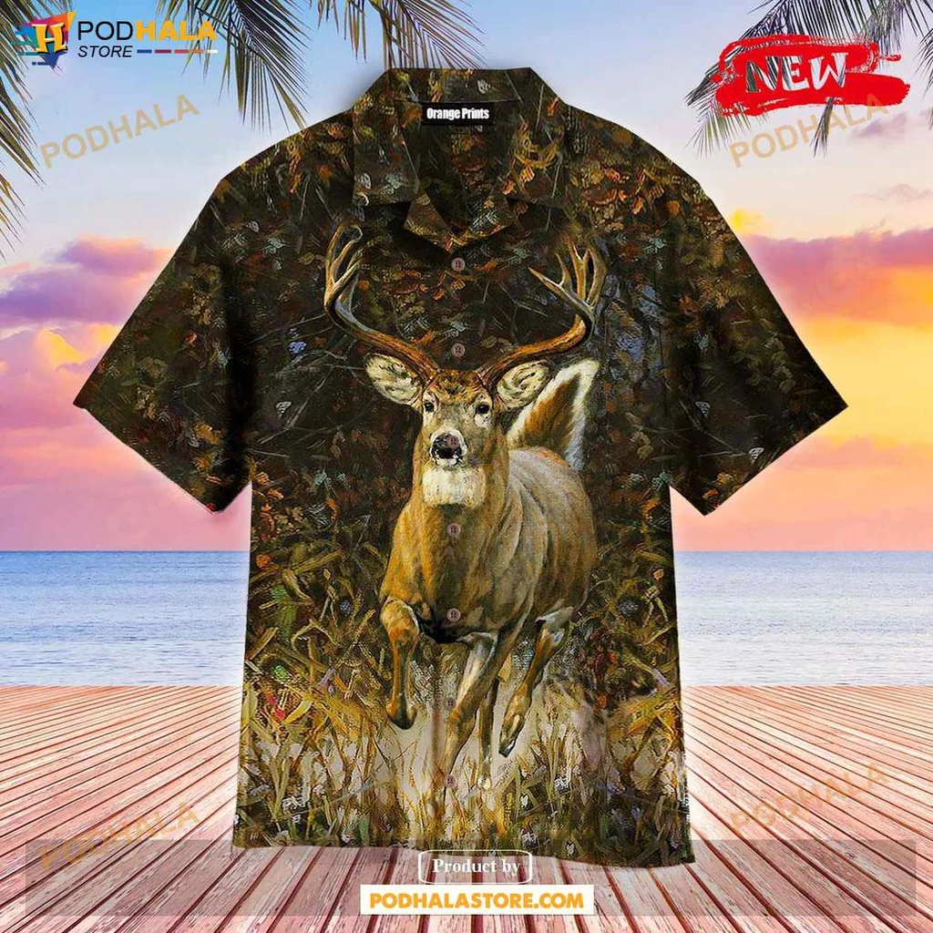 Artistic Deer Aloha Shirt, Vibrant Tropical Shirt For Outdoor Enthusiasts