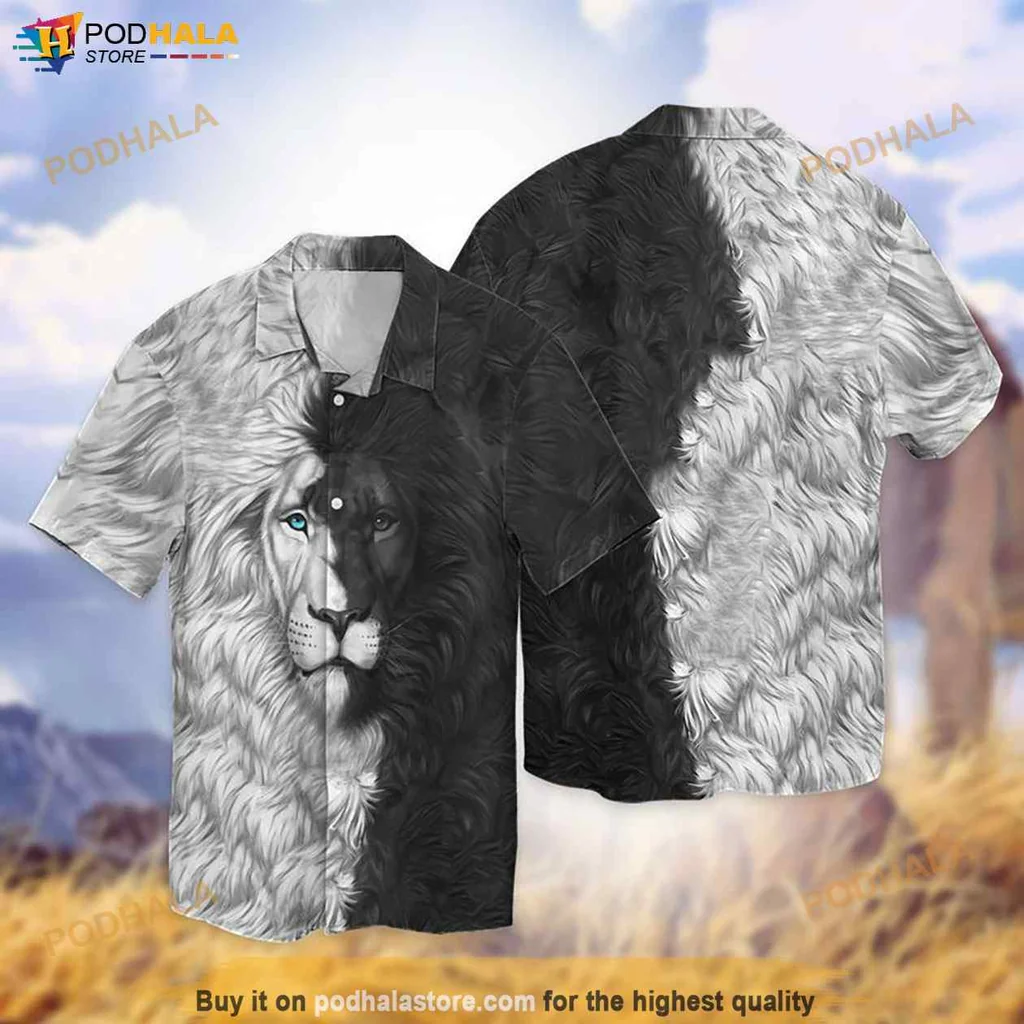 Artistic Lion Face Hawaiian Shirt, Black And White Design With Blue Eyes