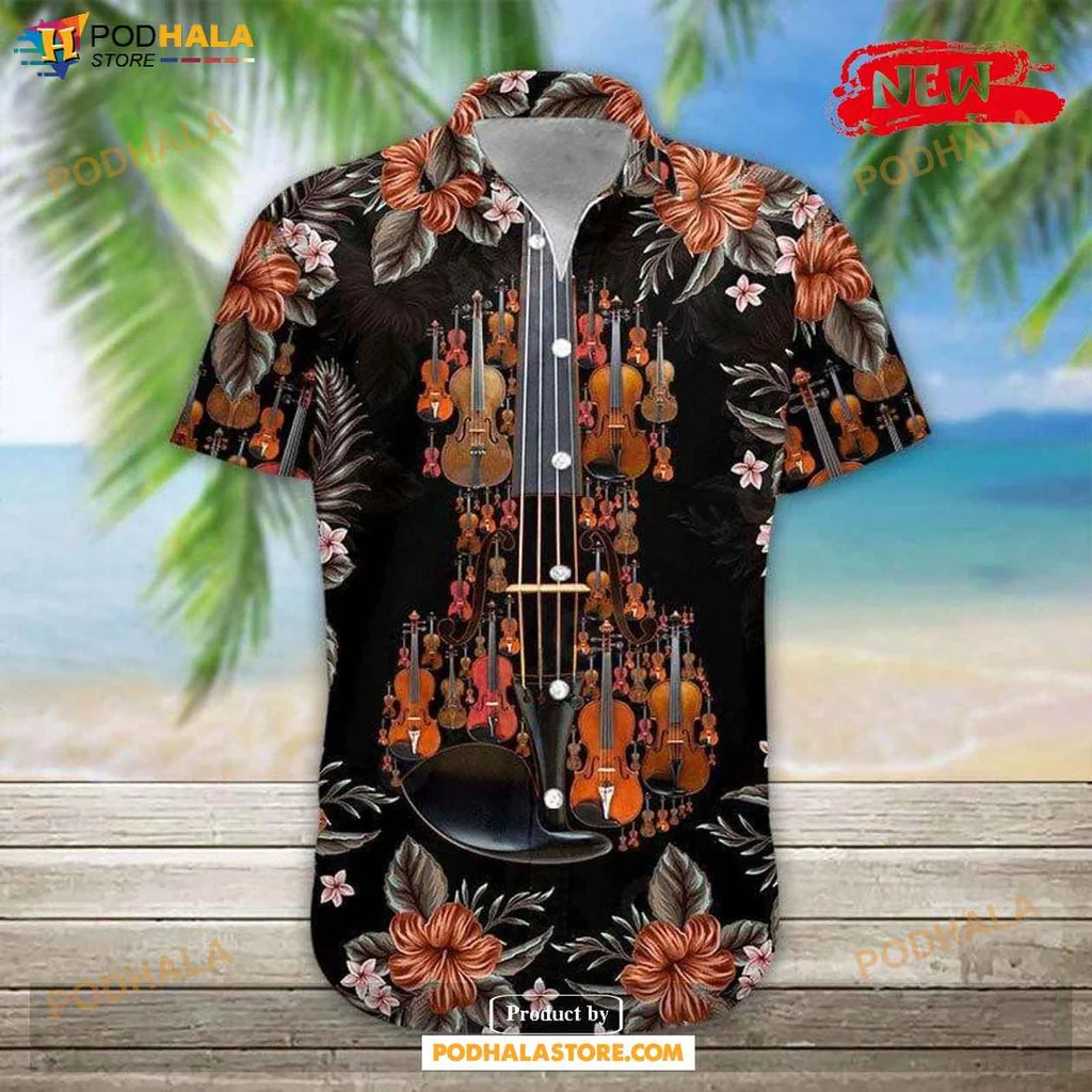 Artistic Tropical Violin Shirt, Vibrant Design With Violins And Tropical Flowers