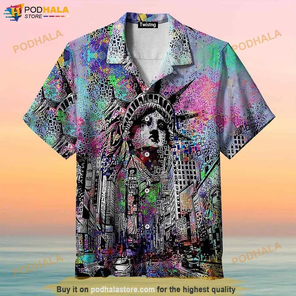 Artistic Urban Graffiti Hawaiian Shirt Featuring Statue Of Liberty In Vibrant Colors
