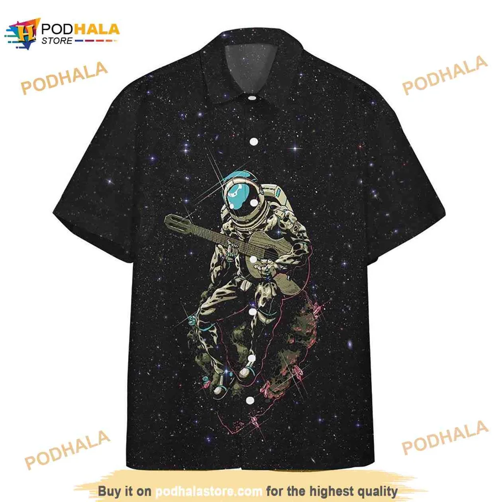 Astronaut Guitar Cosmic Hawaiian Shirt, Vibrant Space Design Aloha Apparel