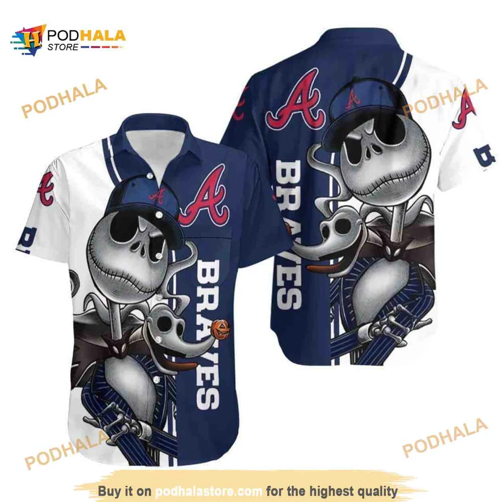 Atlanta Braves Jack Skellington Aloha Shirt With Heart Design