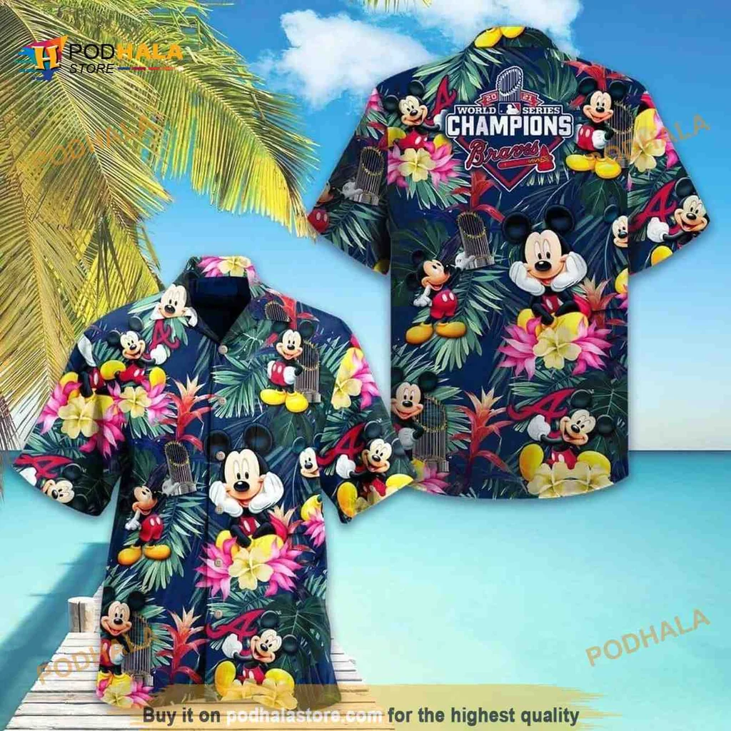 Atlanta Braves Mickey Mouse Hawaiian Shirt With Tropical Floral Design