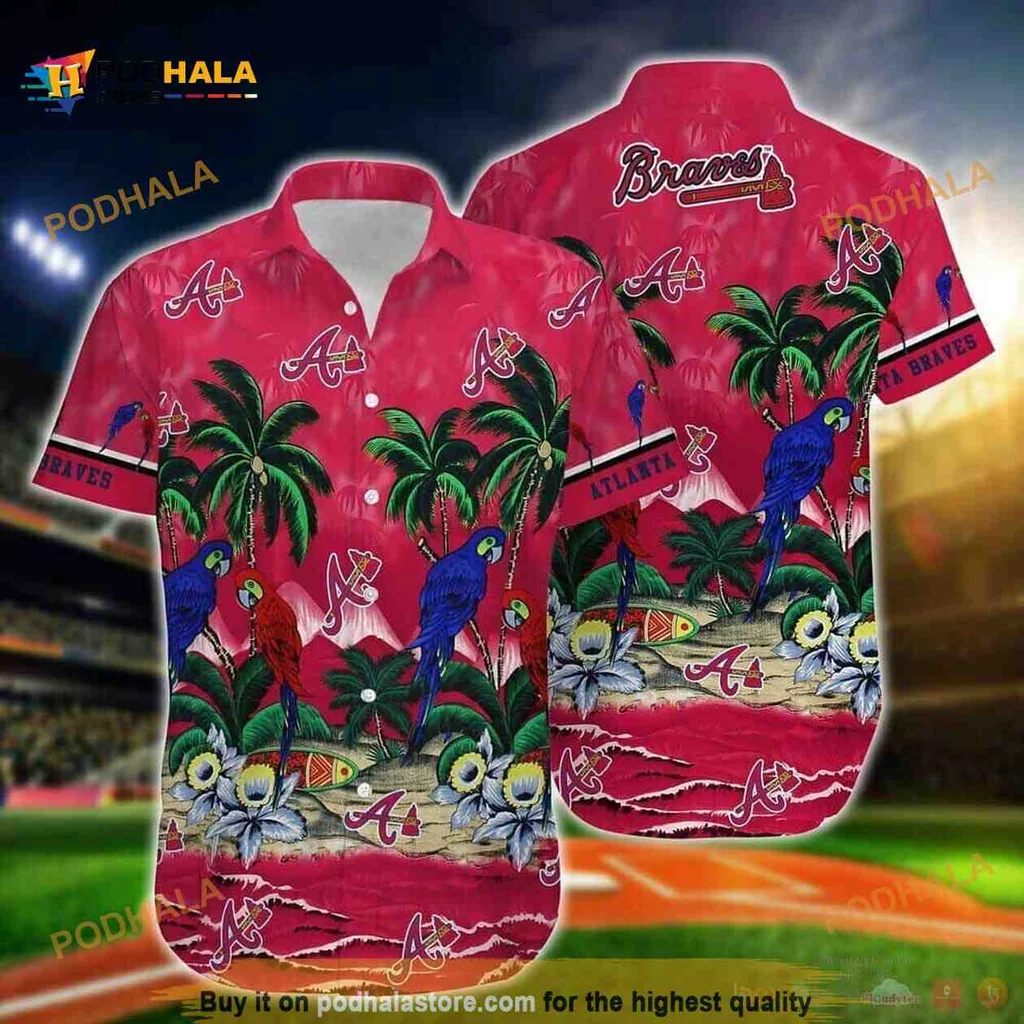 Atlanta Braves Tropical Hawaiian Shirt With Colorful Parrots And Palm Trees