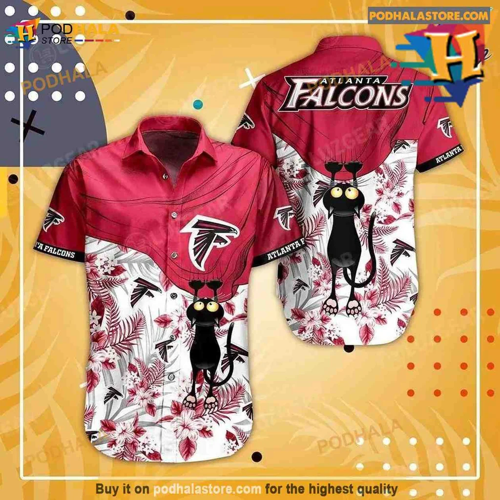 Atlanta Falcons Black Cat Hawaiian Shirt With Tropical Floral Design
