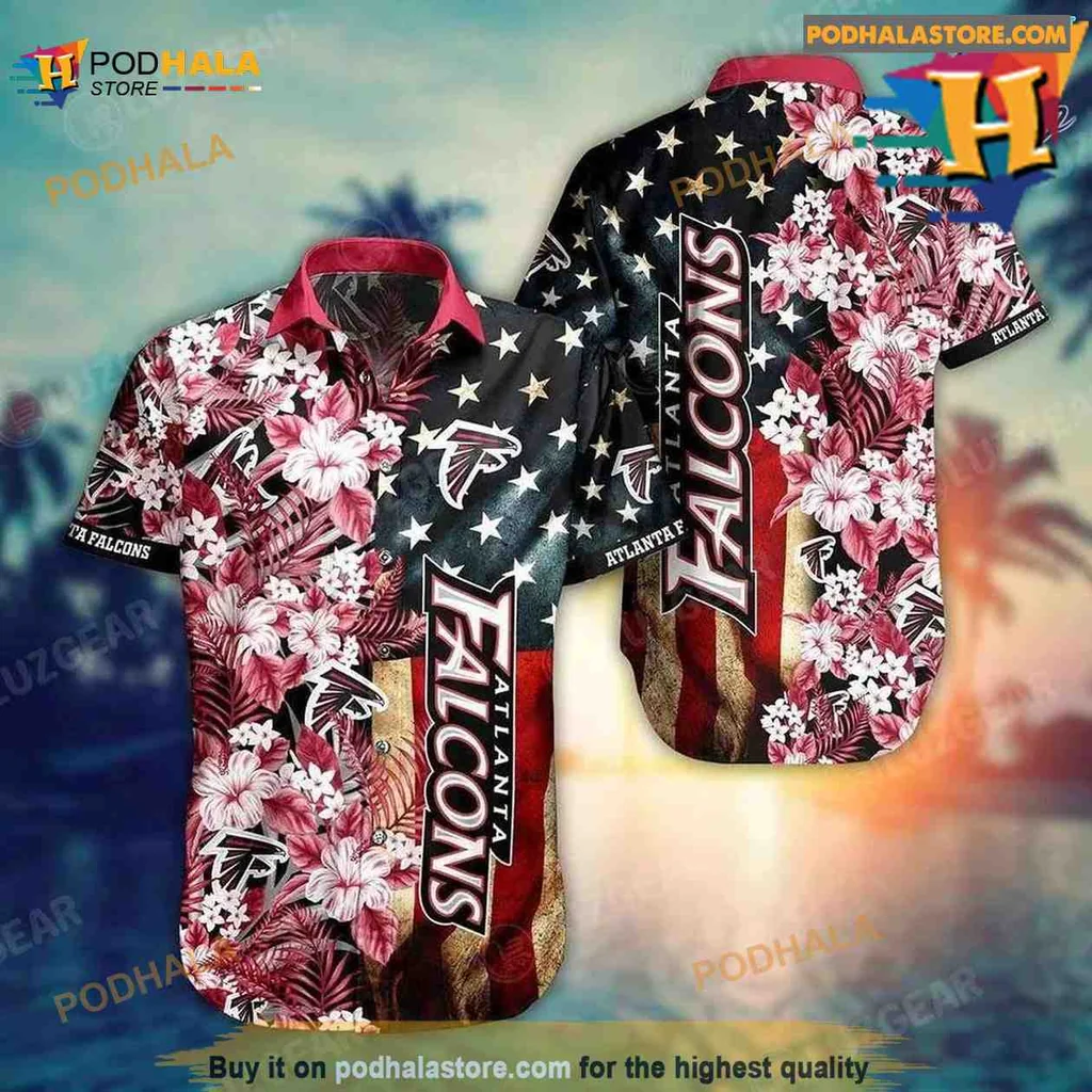 Atlanta Falcons Floral Aloha Shirt Featuring American Flag Design