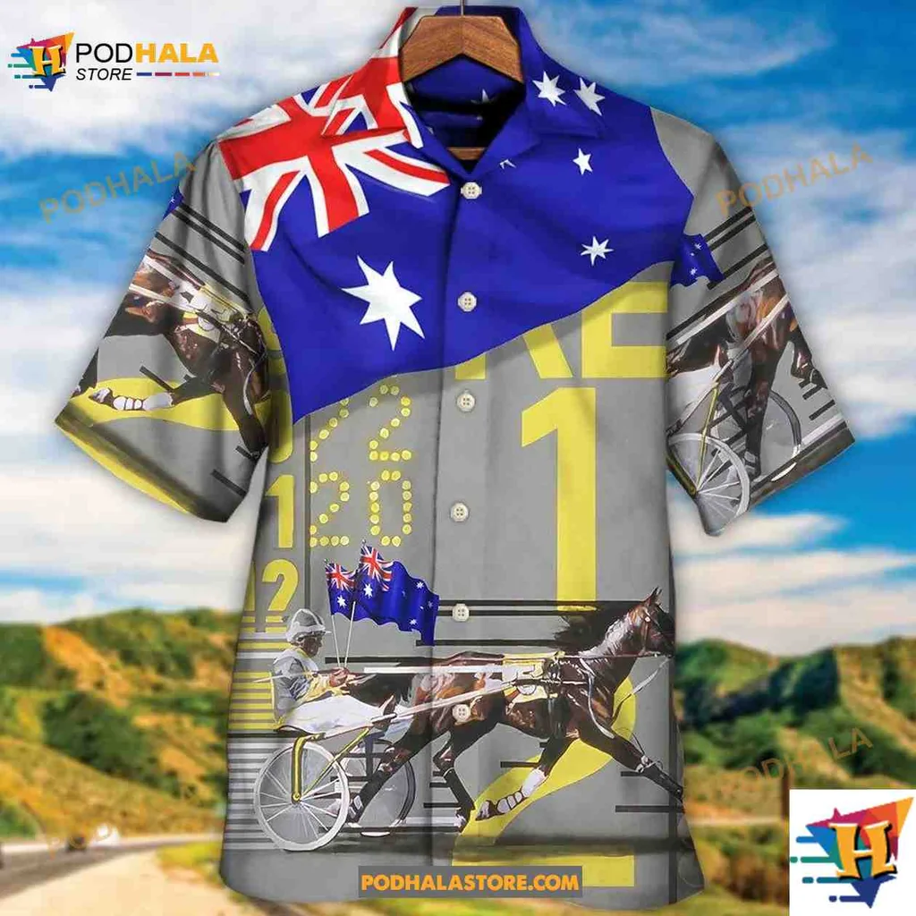 Australian Harness Racing Aloha Shirt Featuring Vibrant Horse Design Australian Harness Racing Aloha Shirt Featuring Vibrant Horse Design