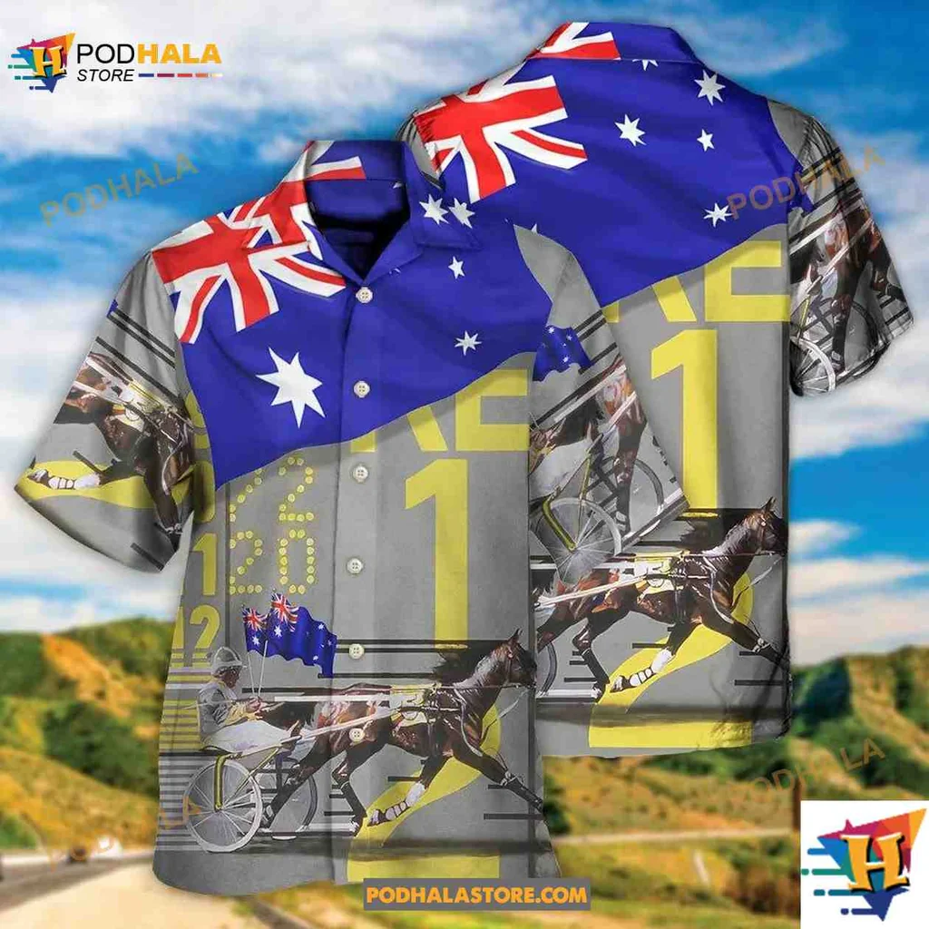 Australian Harness Racing Tropical Shirt Featuring Vibrant Horse Design Australian Harness Racing Tropical Shirt Featuring Vibrant Horse Design