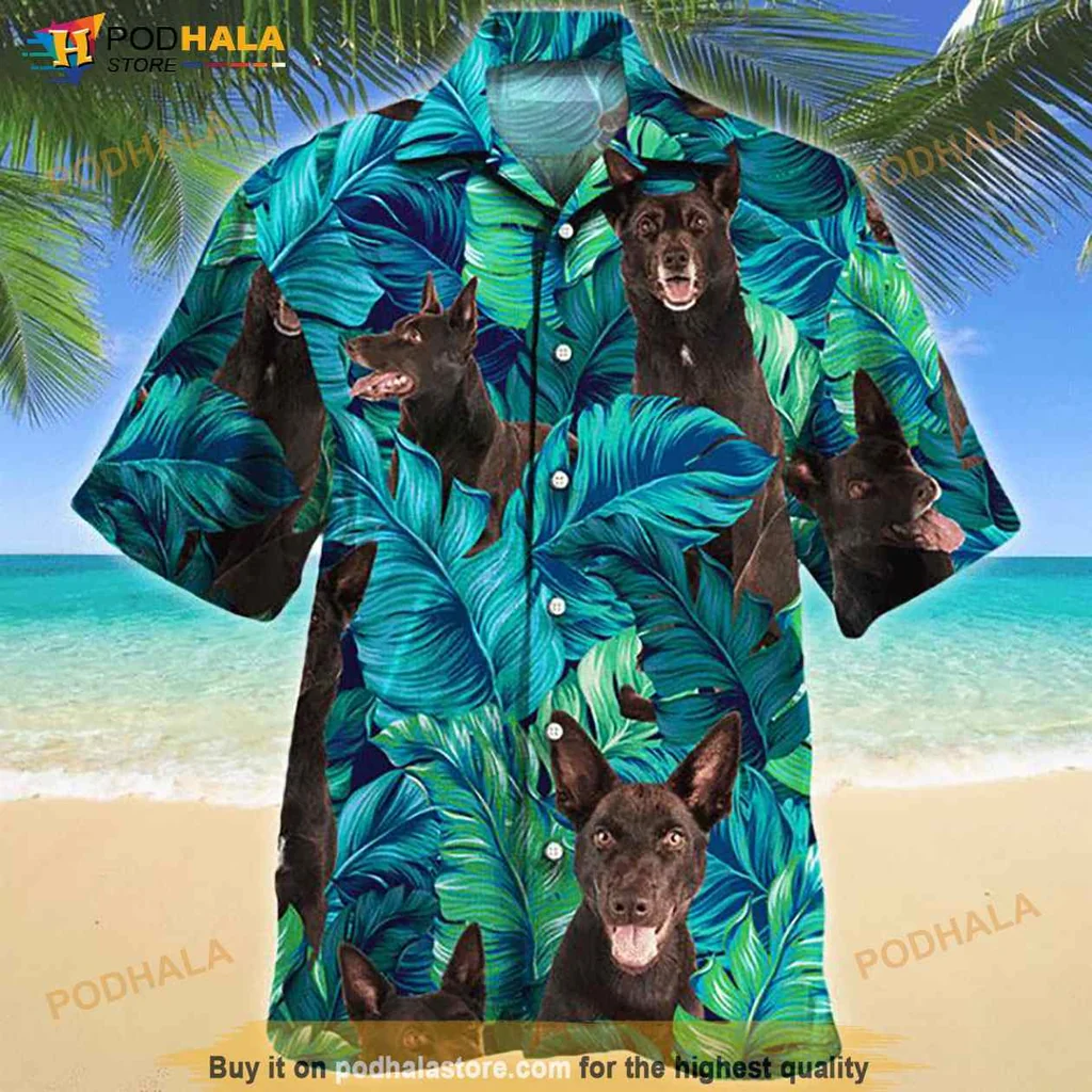 Australian Kelpie Dog Hawaiian Shirt With Tropical Green Leaf Design