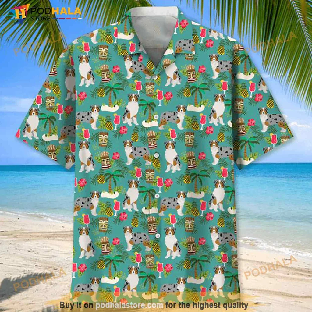 Australian Shepherd Tropical Shirt With Playful Dogs And Hibiscus Flowers