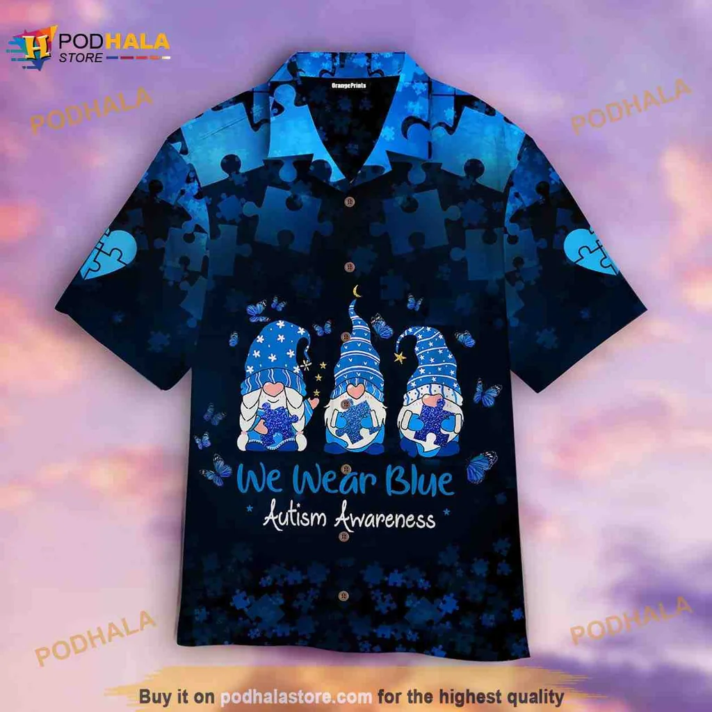 Autism Awareness Blue Gnome Hawaiian Shirt With Puzzle Pieces And Butterflies