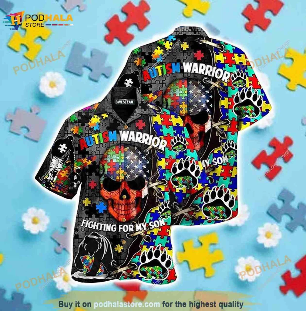 Autism Warrior Hawaiian Shirt, Fighting For My Son With Puzzle Pieces