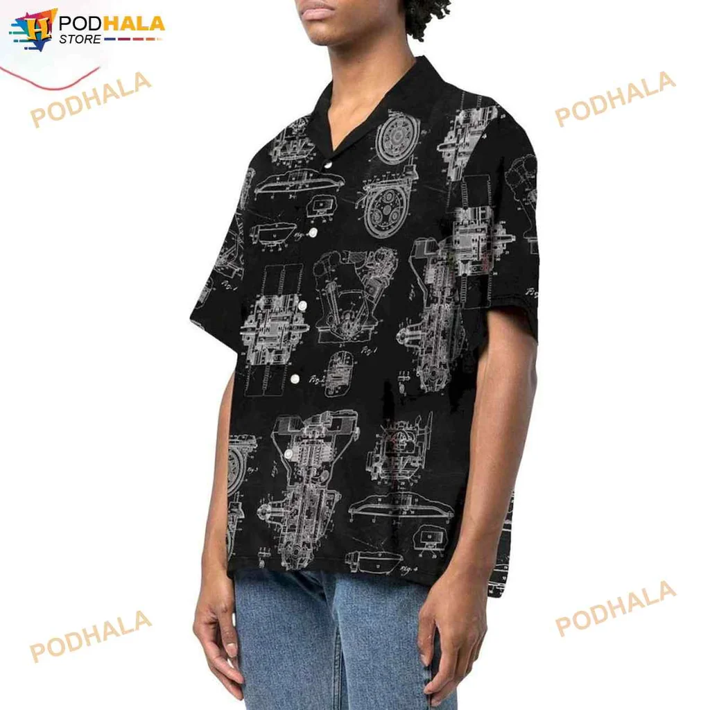 Automotive Engineering Hawaiian Shirt Featuring Henry Ford Engine Patent Design