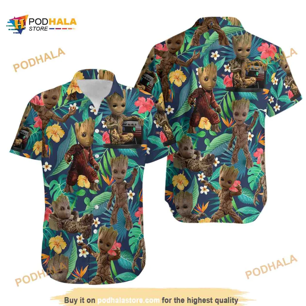 Baby Groot Hawaiian Shirt With Tropical Floral Design For Marvel Fans