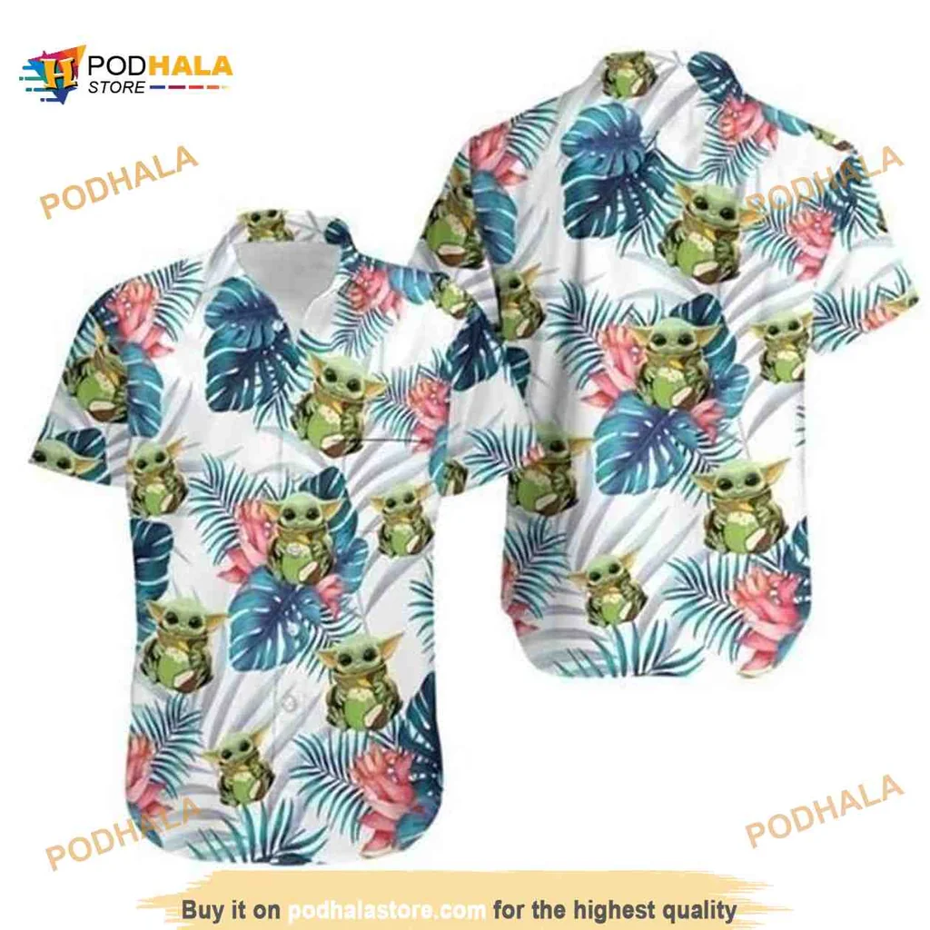 Baby Yoda Aloha Hawaiian Shirt With Palm Leaves Pattern