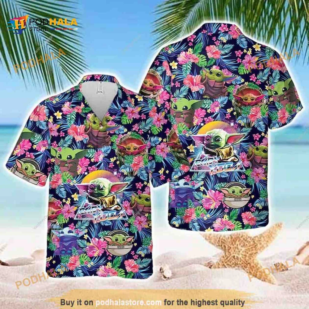 Baby Yoda Aloha Shirt With Tropical Flowers And Playful Design
