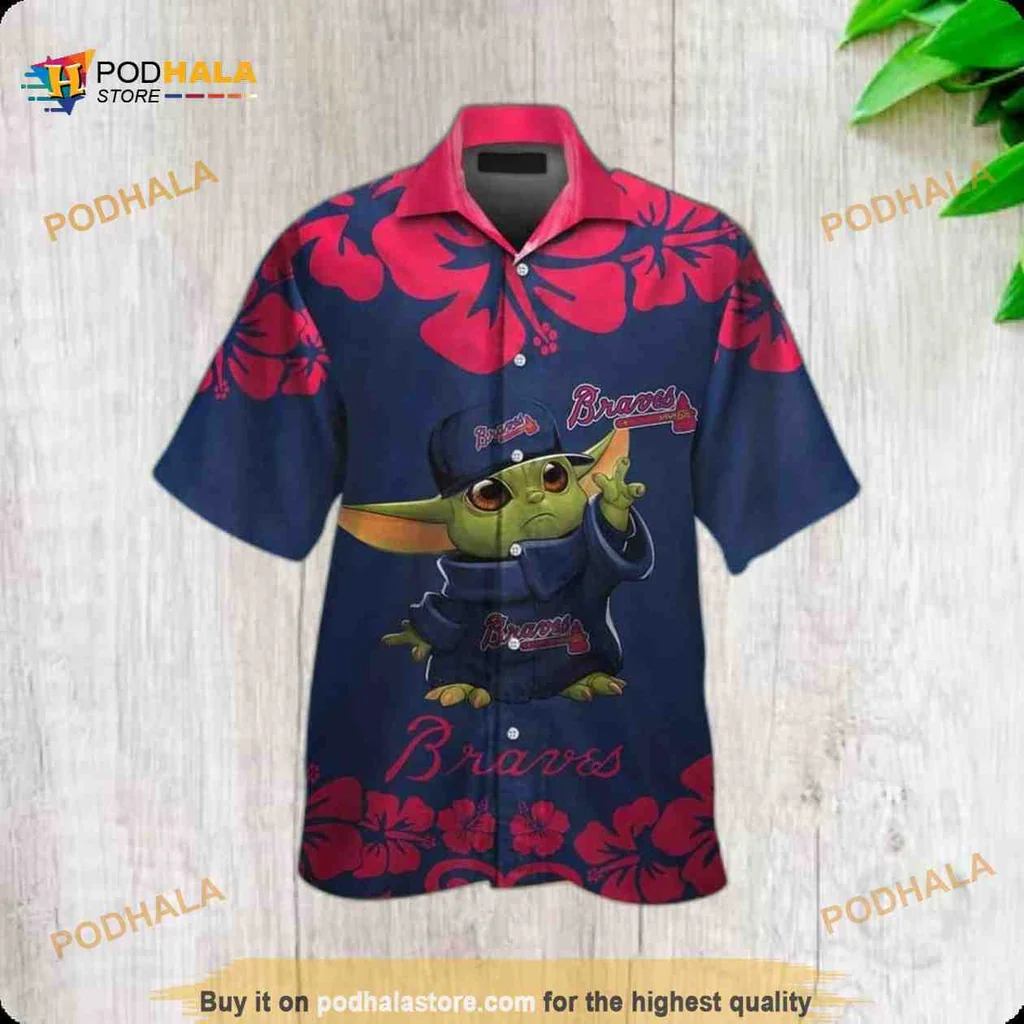 Baby Yoda Atlanta Braves Hawaiian Shirt With Tropical Hibiscus Design