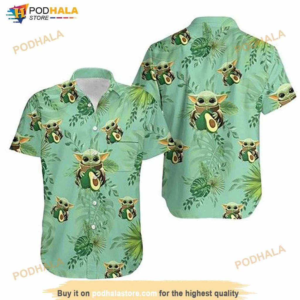 Baby Yoda Avocado Hawaiian Shirt With Tropical Leaves Design