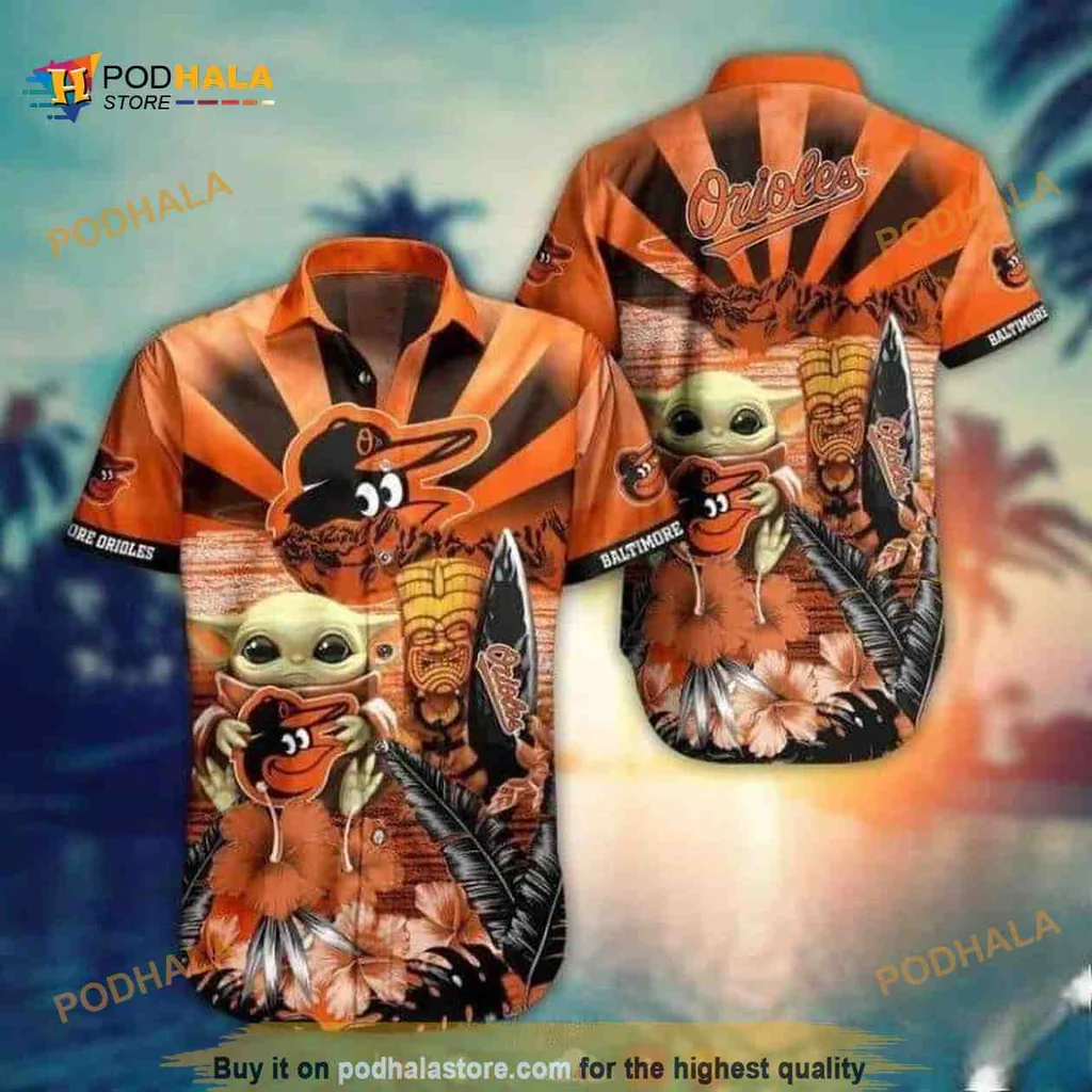 Baby Yoda Baltimore Orioles Hawaiian Shirt With Surfboard Design