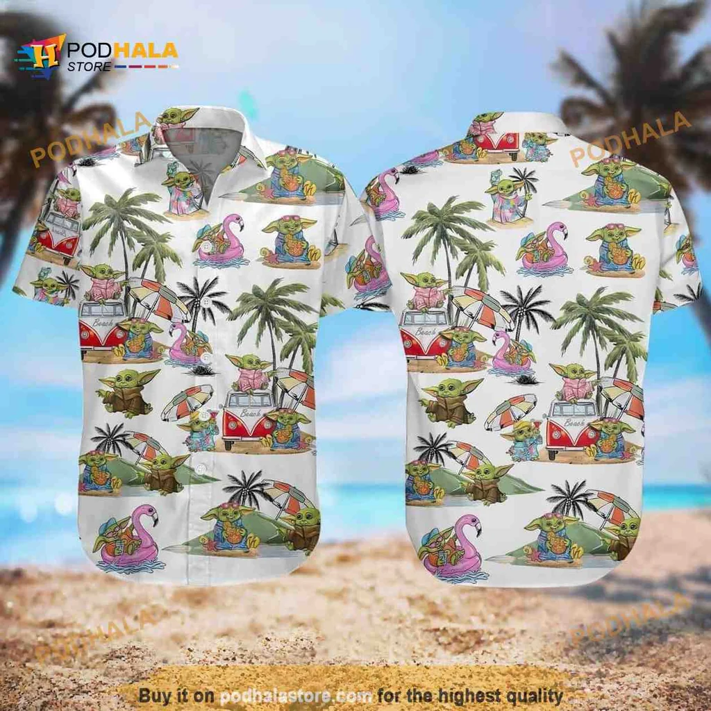 Baby Yoda Beach Hawaiian Shirt With Tropical Design And Pink Dinosaur