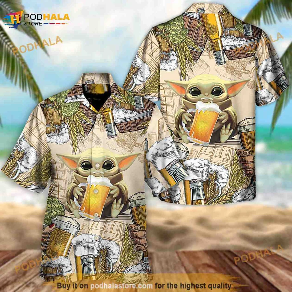 Baby Yoda Beer Aloha Shirt With Tropical Hawaiian Design