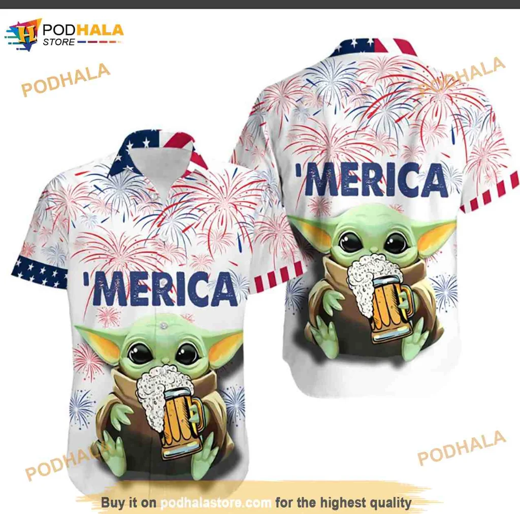 Baby Yoda Beer Hawaiian Shirt, Funny Patriotic Design With Fireworks
