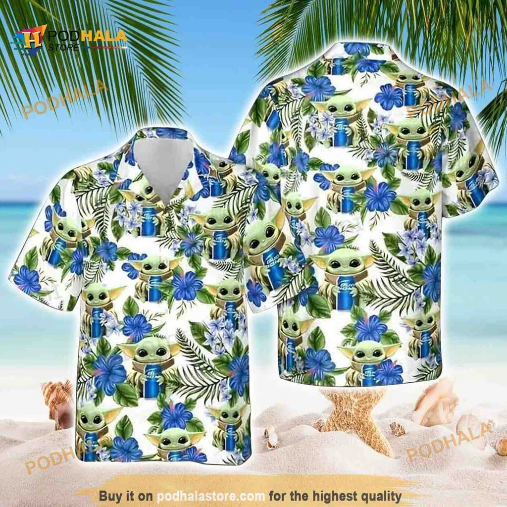 Baby Yoda Beer Hawaiian Shirt With Tropical Print And Cartoon Design