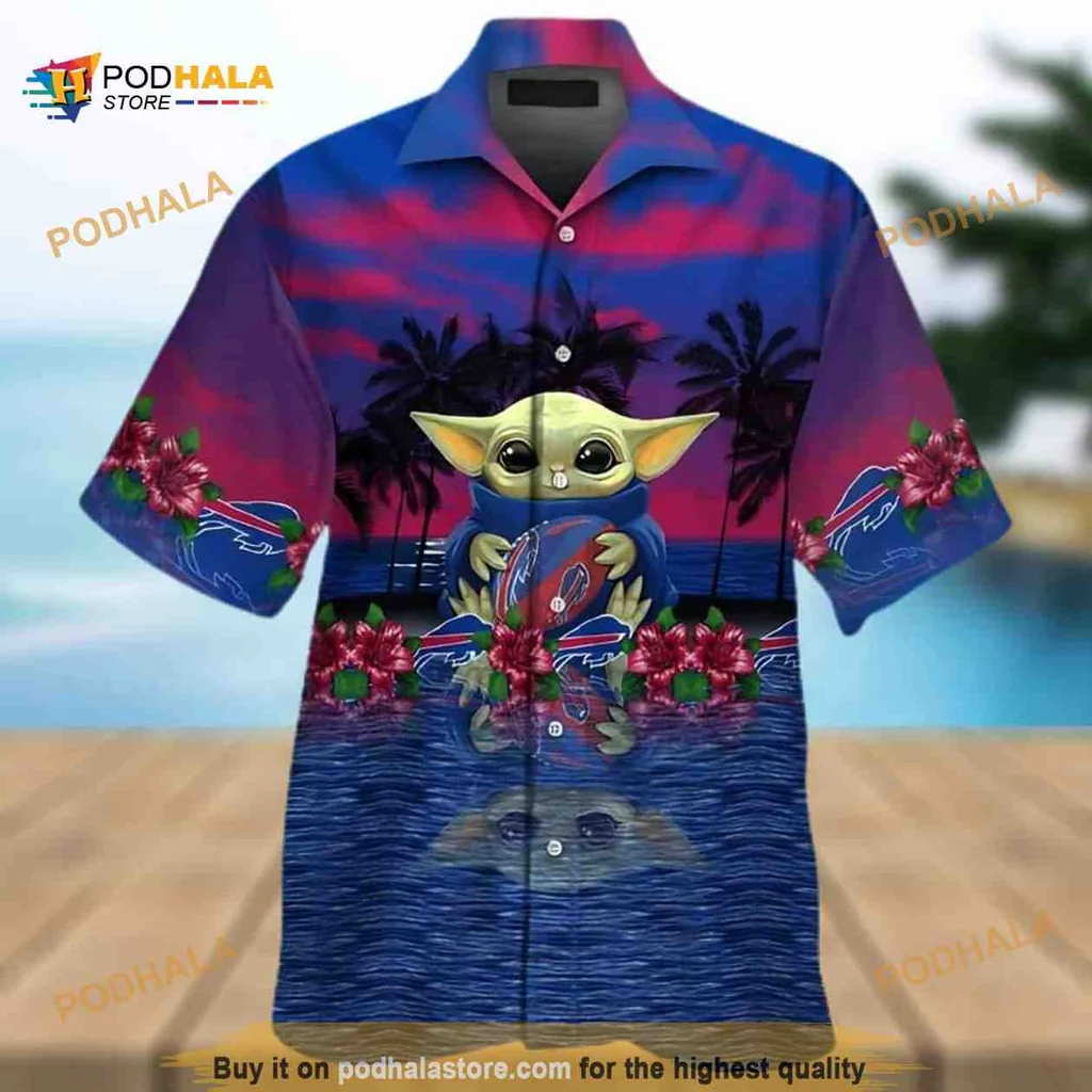 Baby Yoda Buffalo Bills Hawaiian Shirt With Tropical Sunset Design