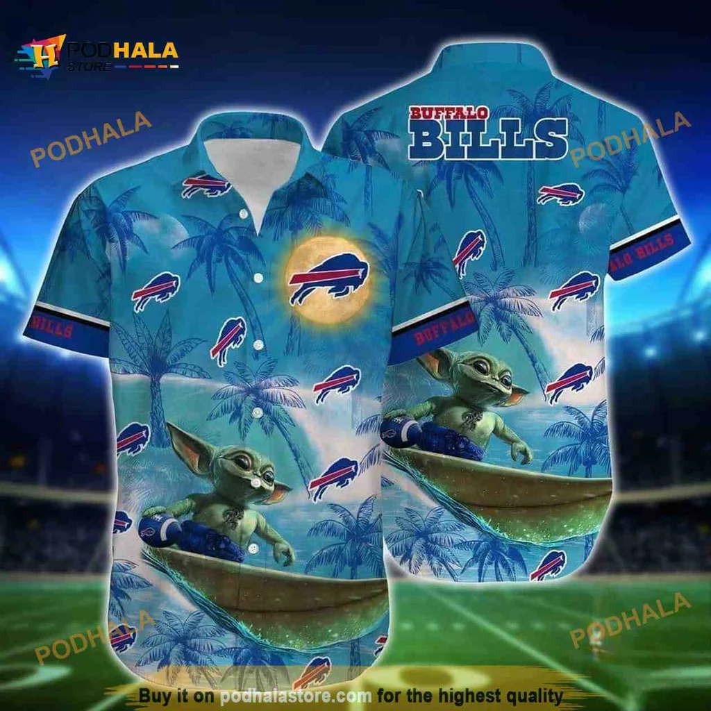 Baby Yoda Buffalo Bills Hawaiian Shirt With Tropical Sunset Design