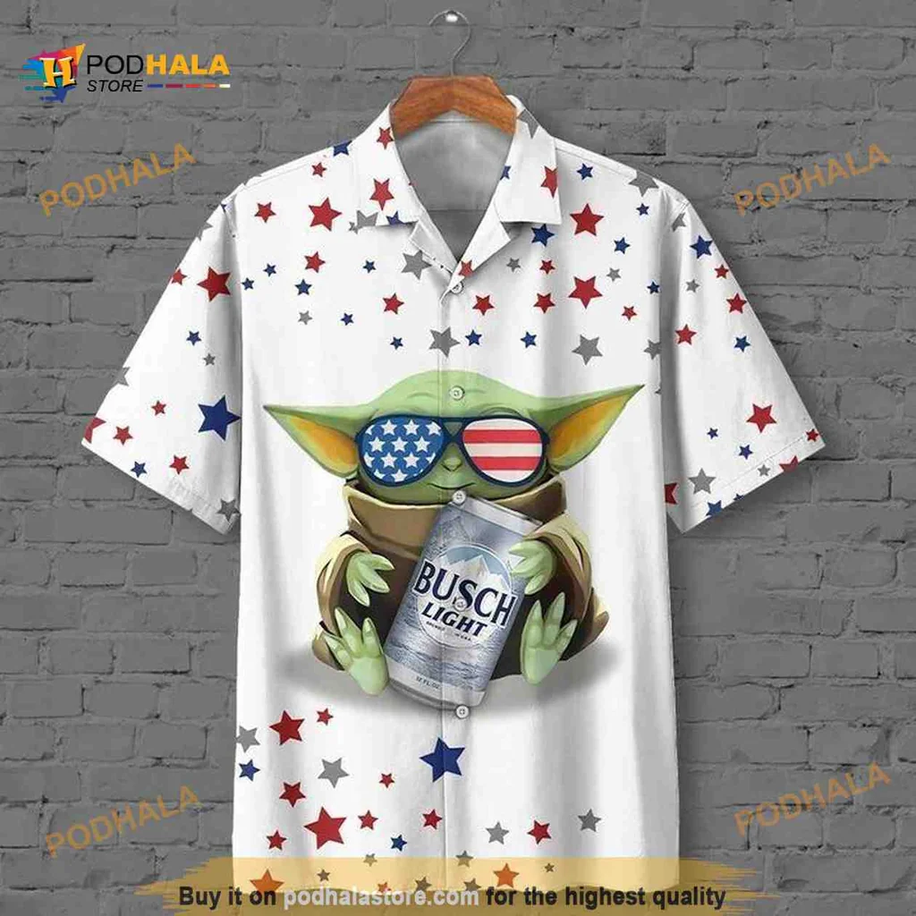 Baby Yoda Busch Light Hawaiian Shirt With Patriotic Sunglasses Design