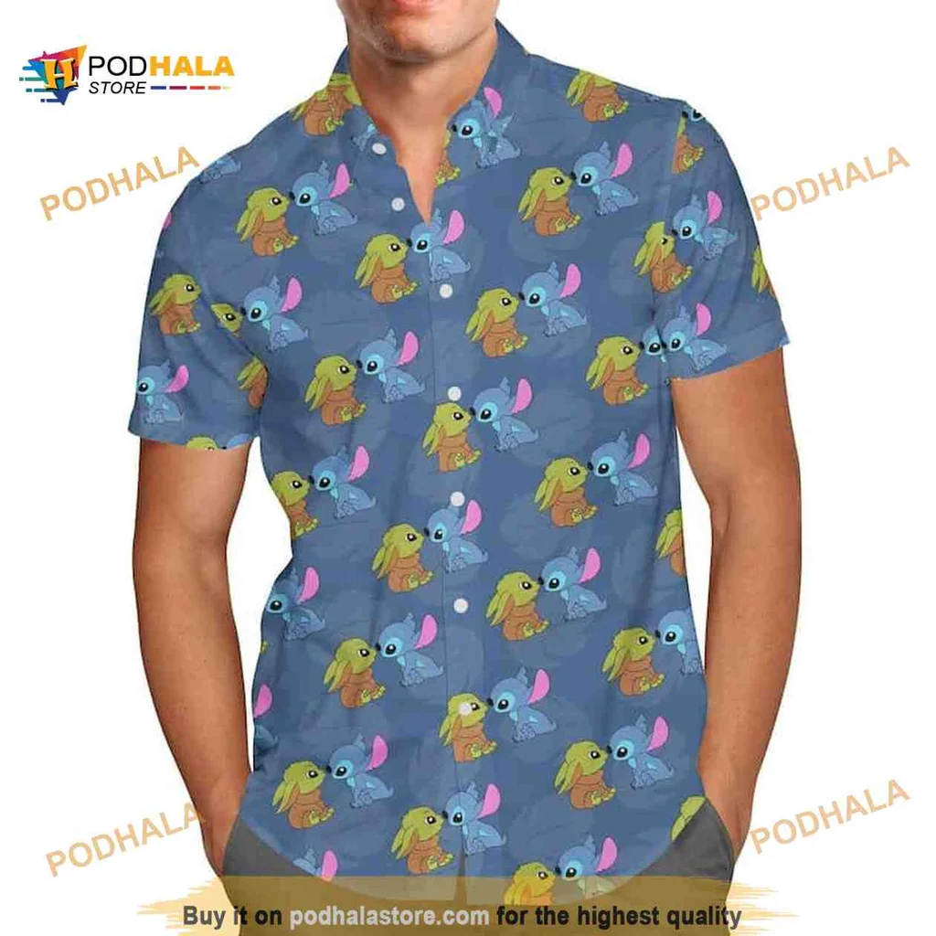 Baby Yoda Cartoon Hawaiian Shirt With Playful Blue Character Design