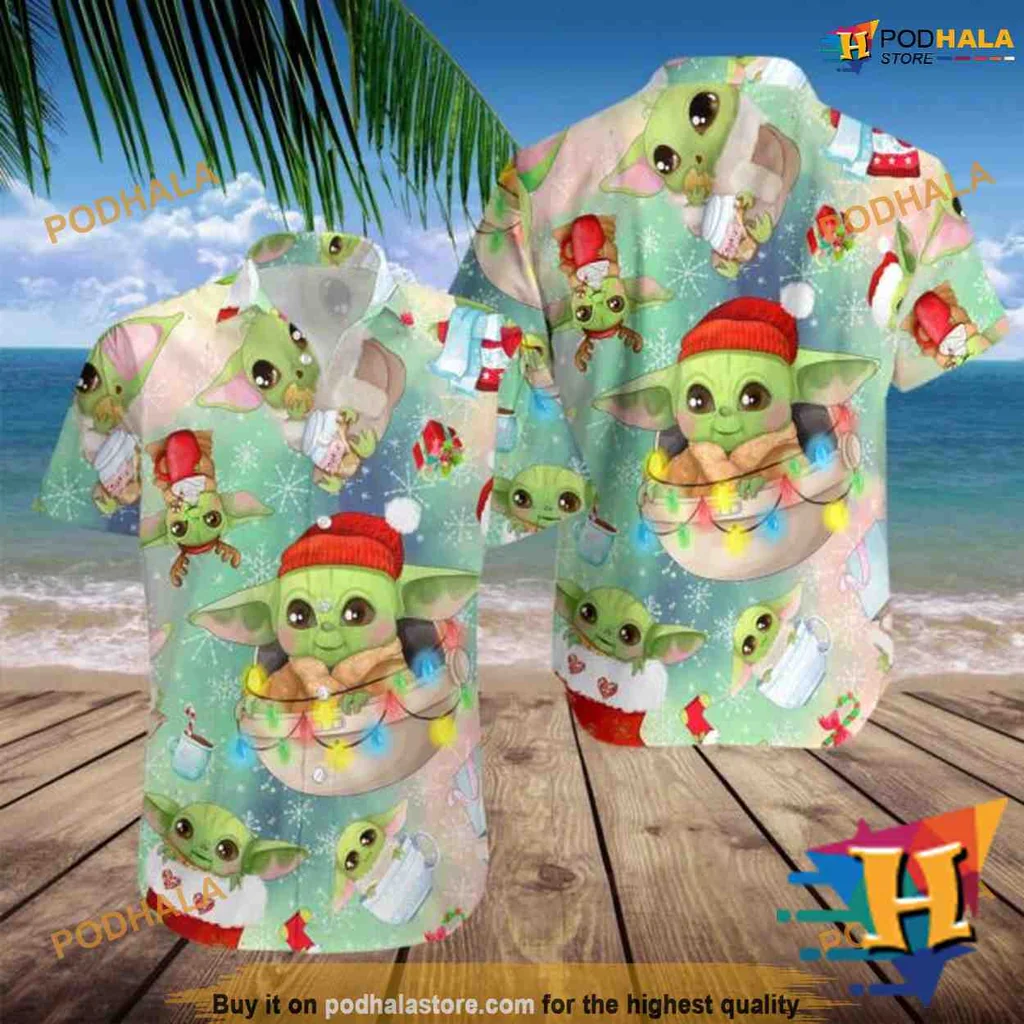 Baby Yoda Christmas Hawaiian Shirt With Santa Hat And Festive Design