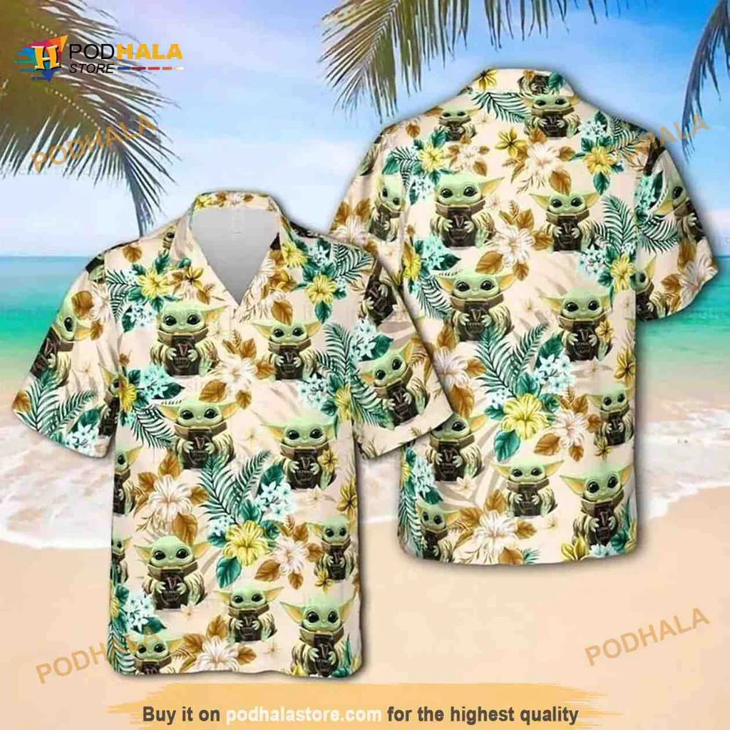 Baby Yoda Floral Hawaiian Shirt With Tropical Hibiscus Design