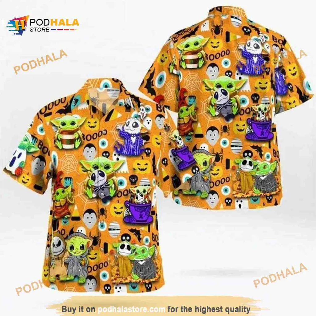 Baby Yoda Halloween Hawaiian Shirt With Ghosts And Pumpkins