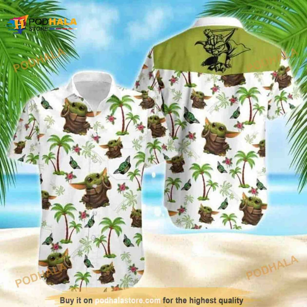 Baby Yoda Hawaiian Shirt Beach Pattern With Tropical Elements