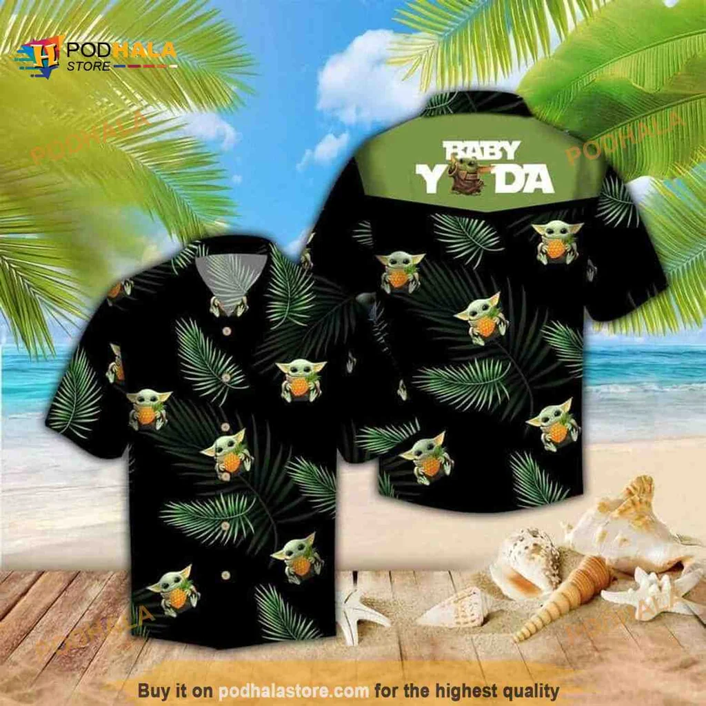 Baby Yoda Hawaiian Shirt Palm Leaves Design On Dark Background