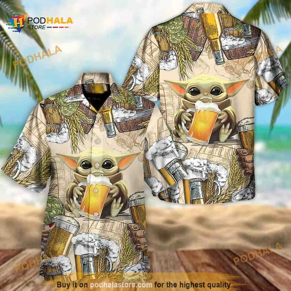Baby Yoda Hawaiian Shirt With Beer And Tropical Vibes