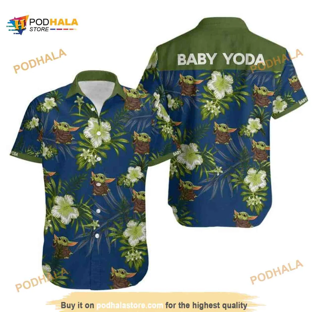 Baby Yoda Hawaiian Shirt With Hibiscus Pattern For Beach Lovers