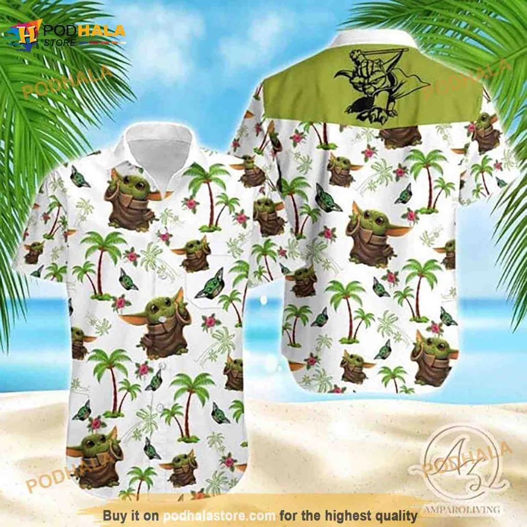 Baby Yoda Hawaiian Shirt With Tropical Design And Colorful Butterflies