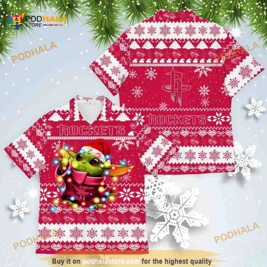 Baby Yoda Houston Rockets Hawaiian Shirt With Christmas Lights