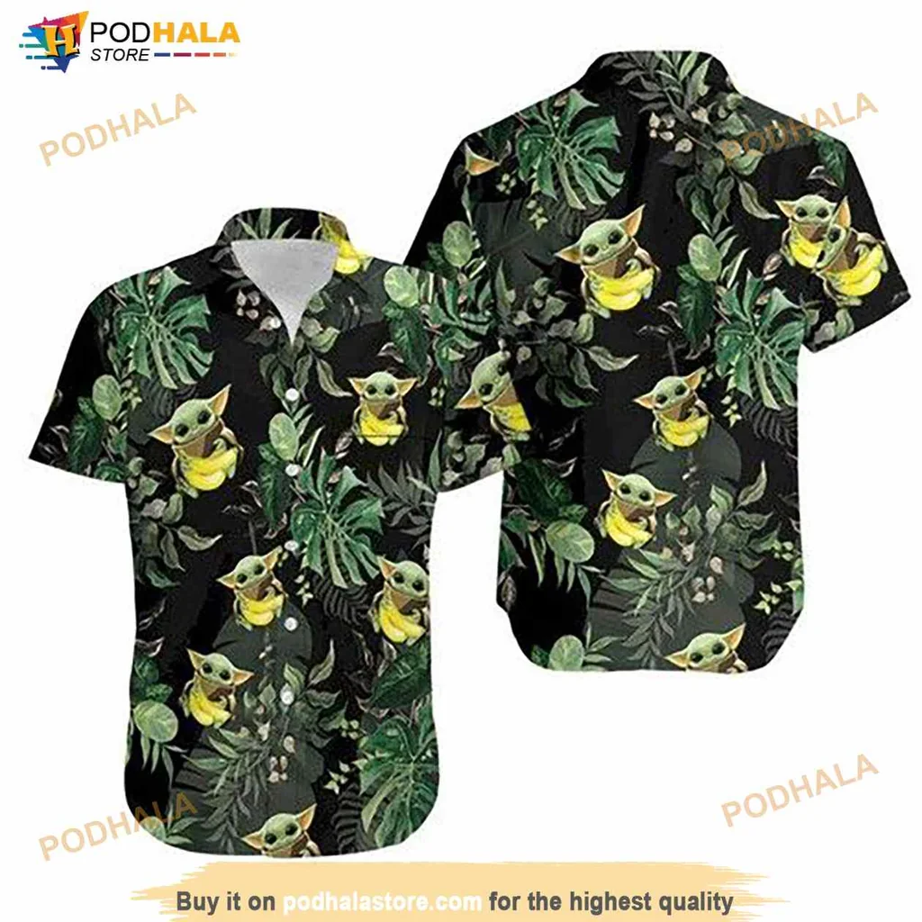 Baby Yoda Hugging Bananas Hawaiian Shirt With Tropical Leaves Design