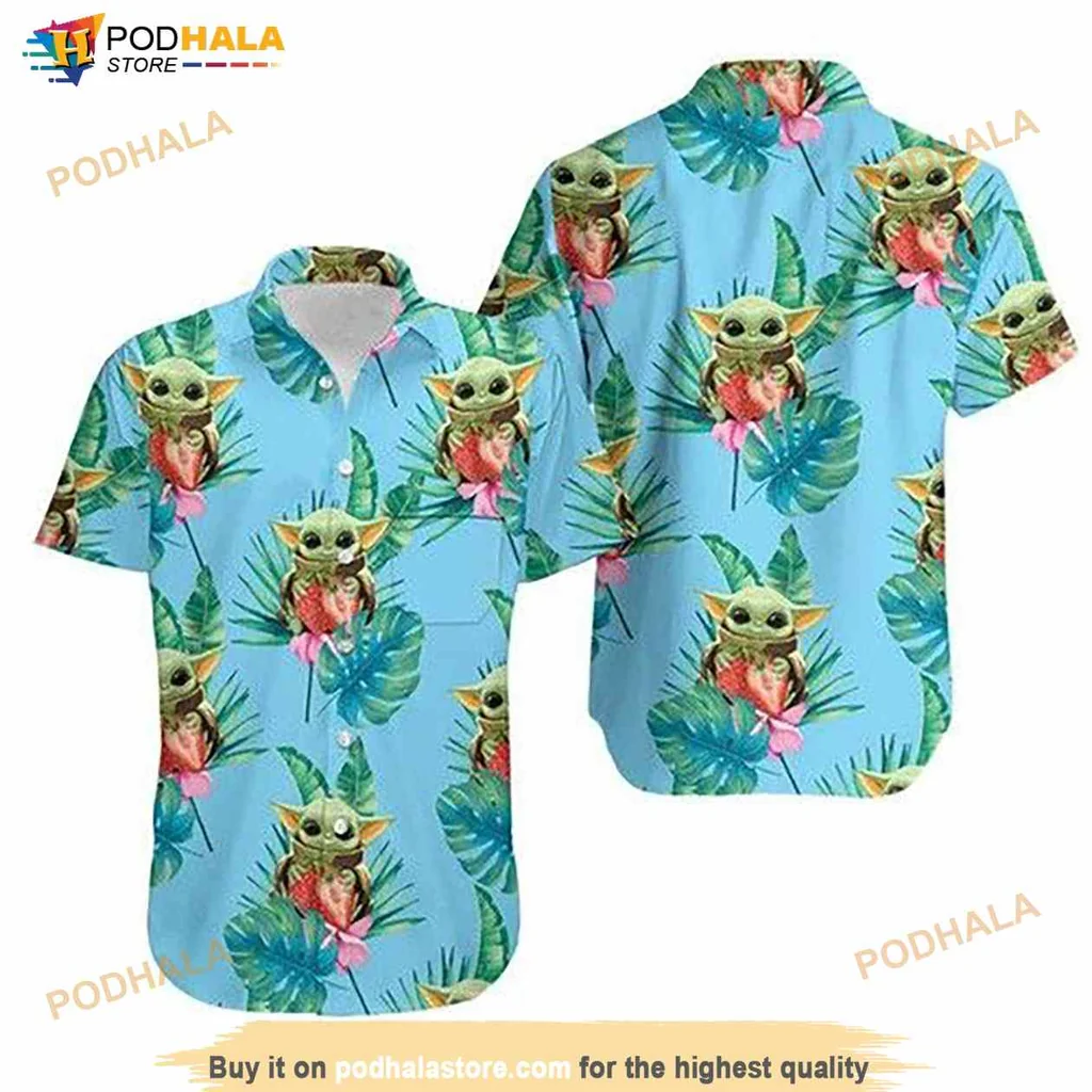 Baby Yoda Hugging Strawberries Hawaiian Shirt With Tropical Leaves