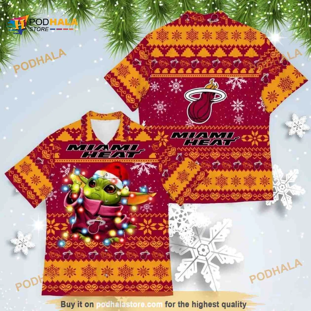 Baby Yoda Miami Heat Hawaiian Shirt With Colorful Christmas Lights