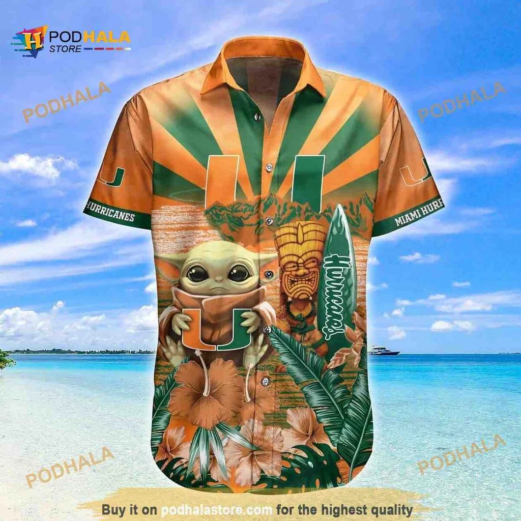 Baby Yoda Miami Hurricanes Hawaiian Shirt Featuring Tropical Design