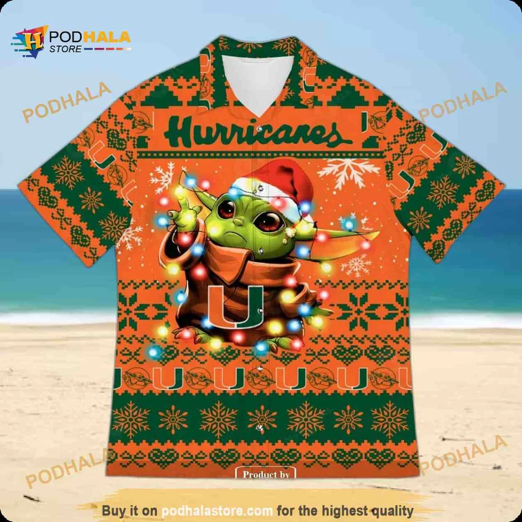 Baby Yoda Miami Hurricanes Hawaiian Shirt With Christmas Lights