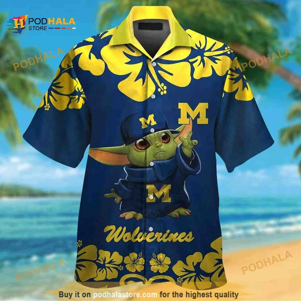 Baby Yoda Michigan Wolverines Hawaiian Shirt With Hibiscus Flowers