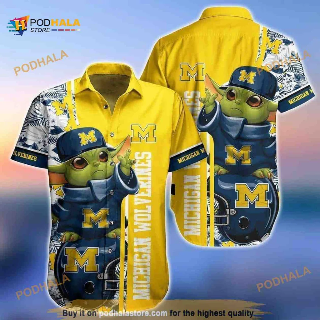 Baby Yoda Michigan Wolverines Hawaiian Shirt With Tropical Design